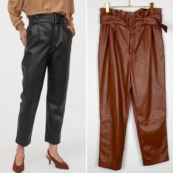 H&M Brown Vegan Leather Belted Paper Bag Trousers Tapered Pants Size 6 - Picture 1 of 11